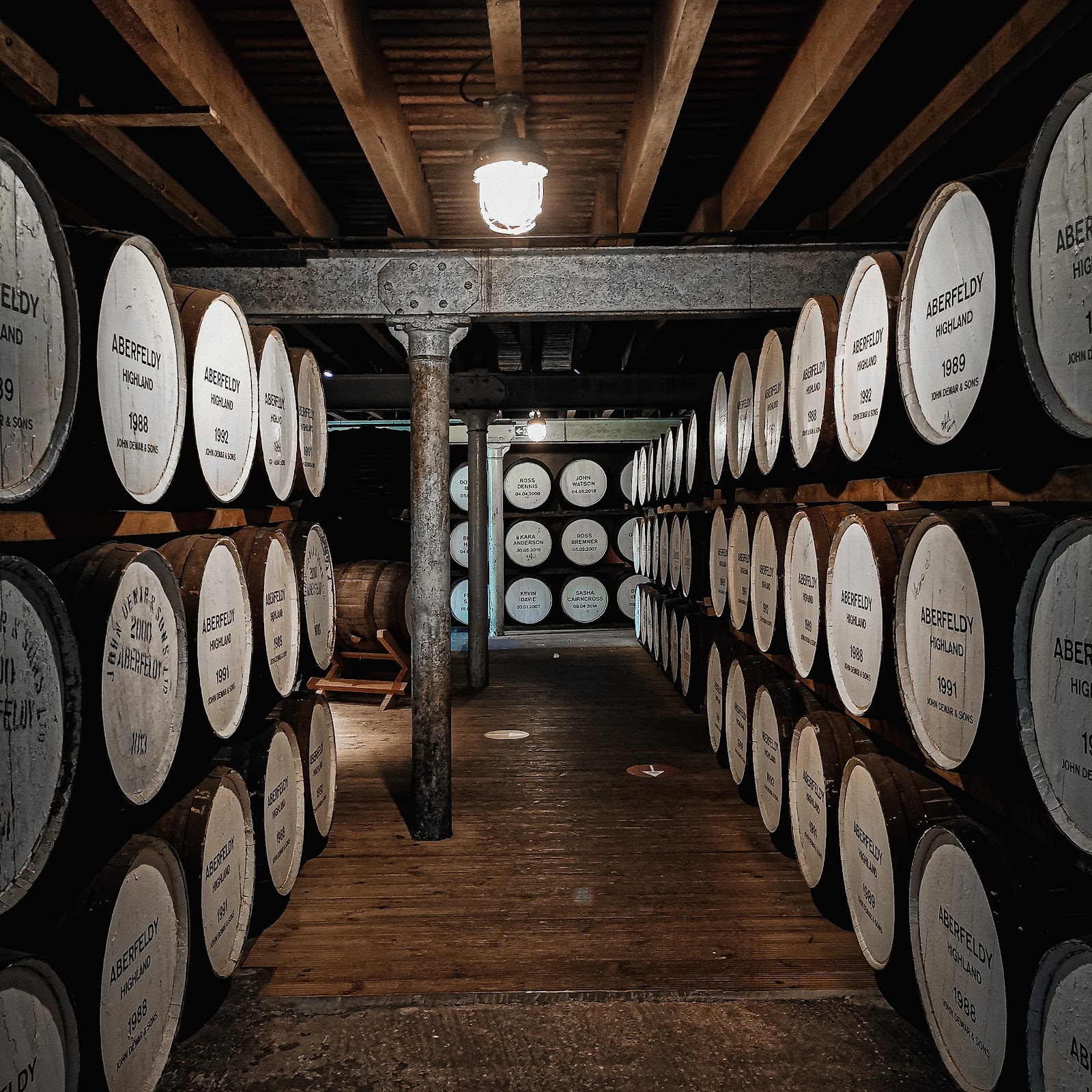 Casks stacked in a warehouse at Aberfeldy.