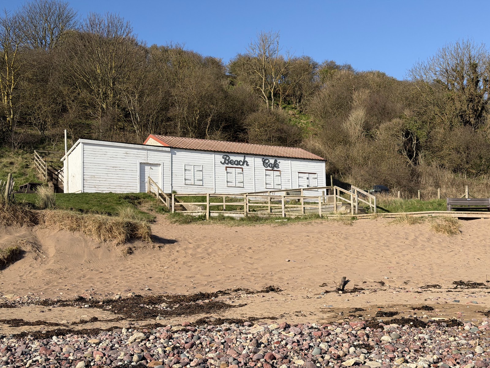 The white weatherboarded Beach Cafe on the sand at Coldingham Bay, with its fenced deck and trees on the slope behind.