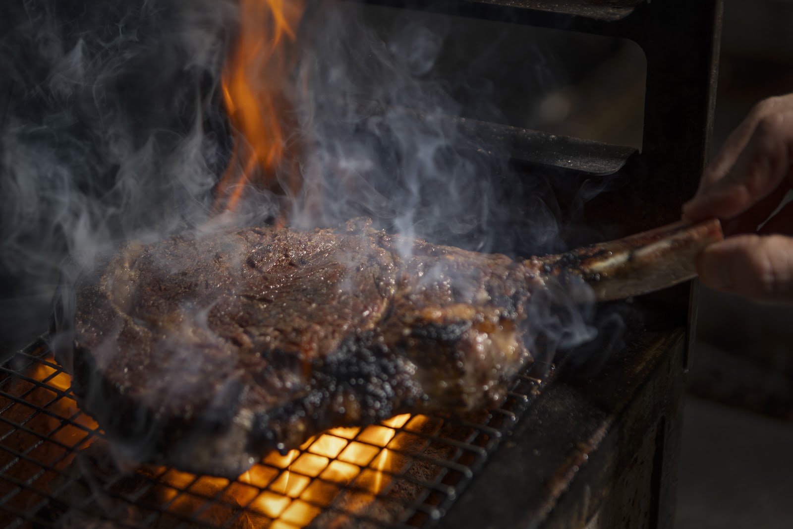 A large steak on the bone cooking over glowing coals and flames on the grill at The Captain Darling.