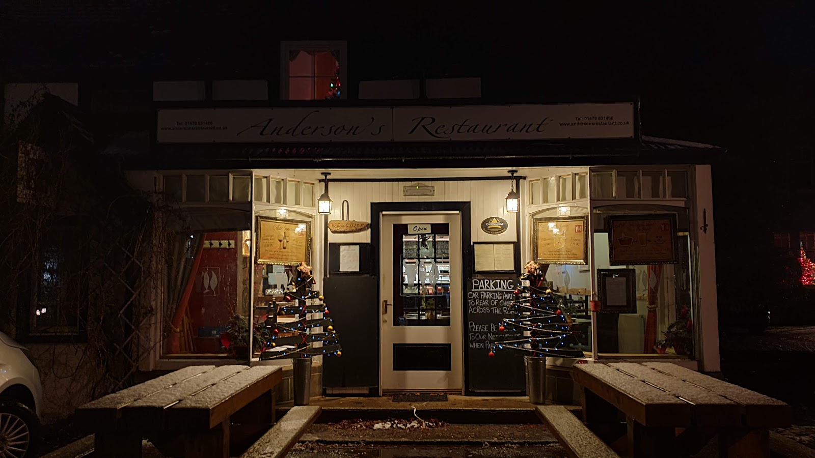 Andersons lit up at night.
