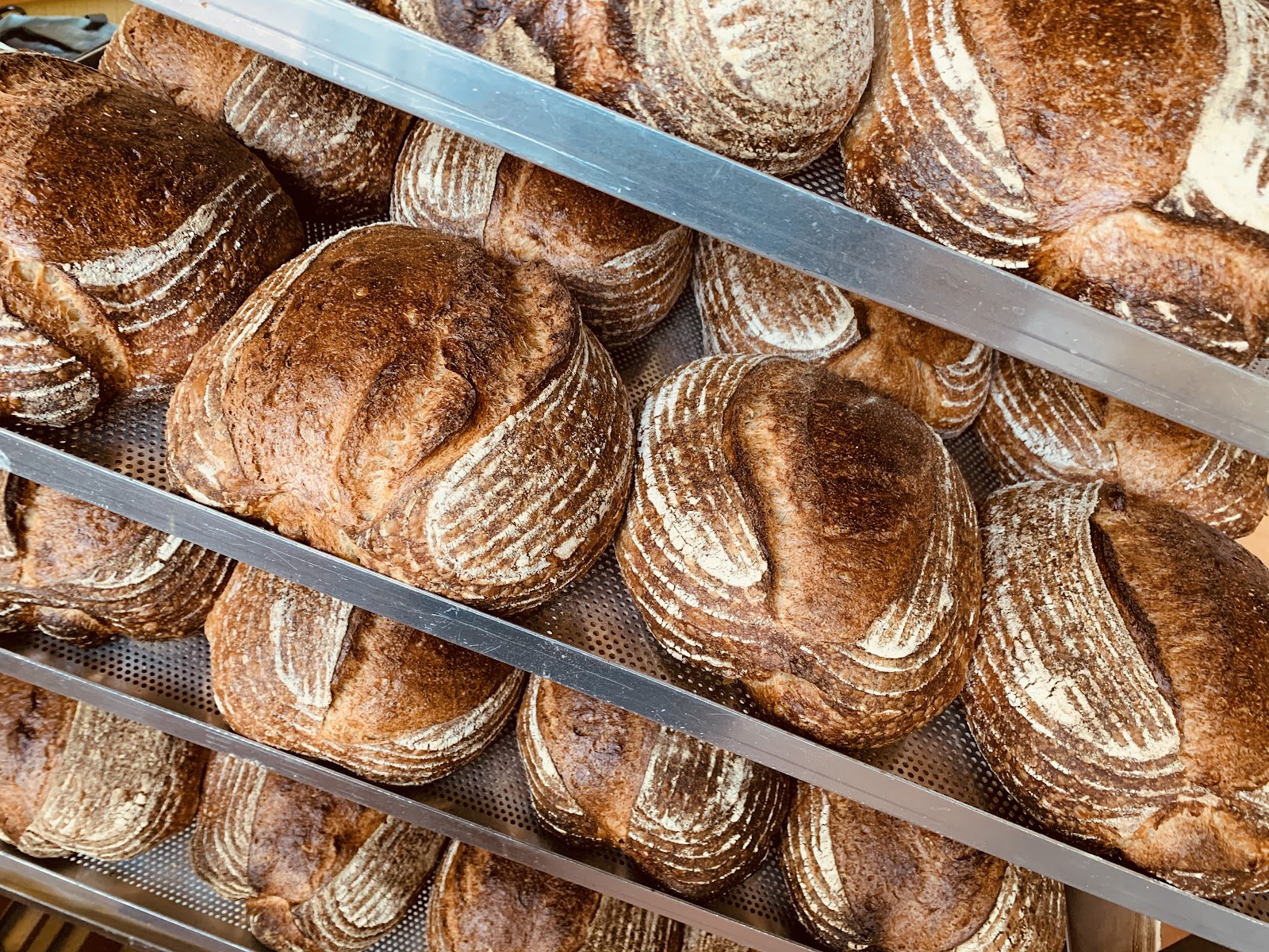 Sourdough loaves on the bakery racks at Beefcake Cafe on Crow Road, Anniesland, dark-crusted and scored.