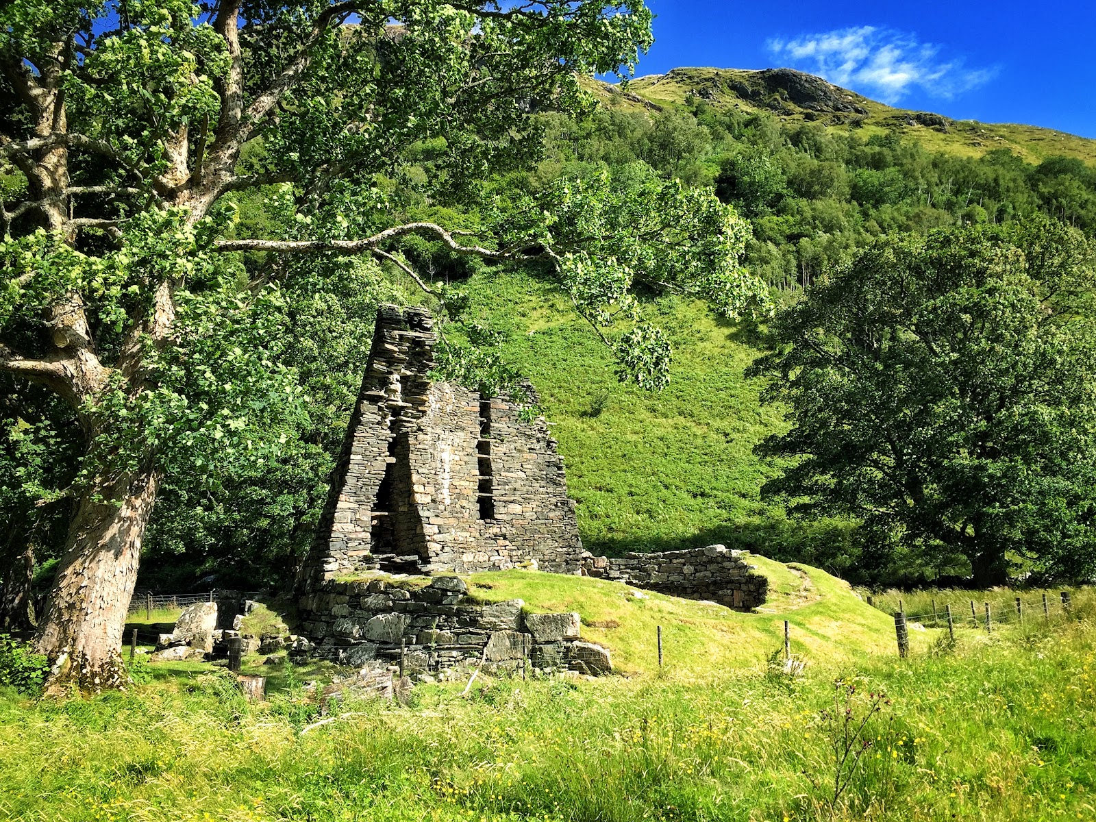 Dun Telve broch, its tall curved drystone wall rising among trees in the green valley of Gleann Beag.
