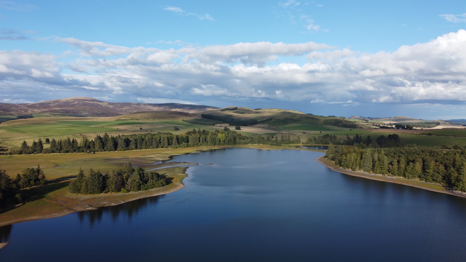 Loch of Lintrathen from above in late summer, the water low along its shores, conifers on the points and the Angus hills beyond under a blue sky with cloud.