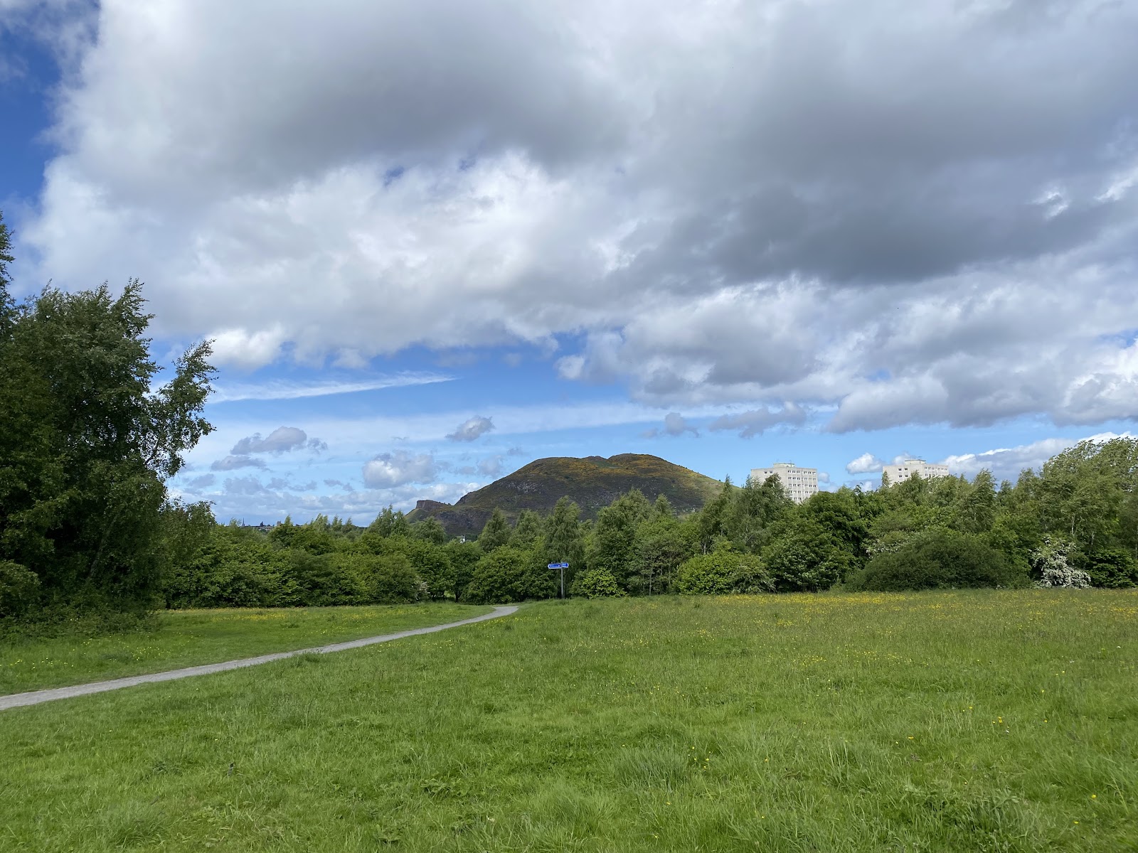 Open grass in Craigmillar Castle Park, a path running towards the trees and Arthur's Seat beyond.