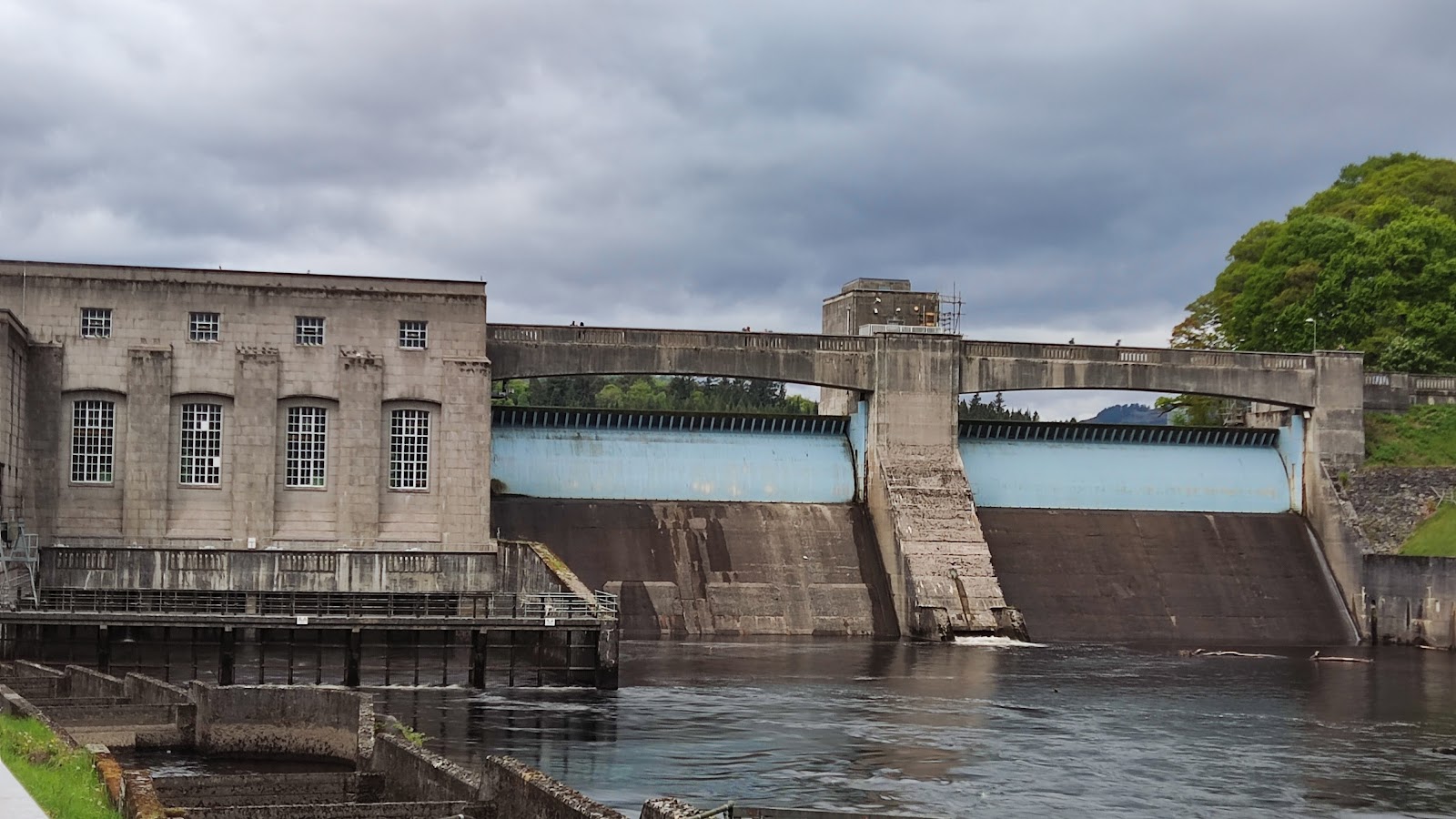 The hydro dam and power station on the River Tummel at Pitlochry.