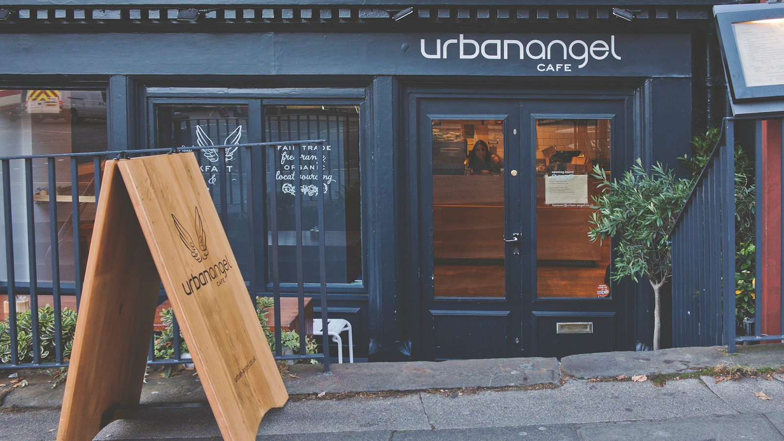 The dark blue front of Urban Angel on Hanover Street.