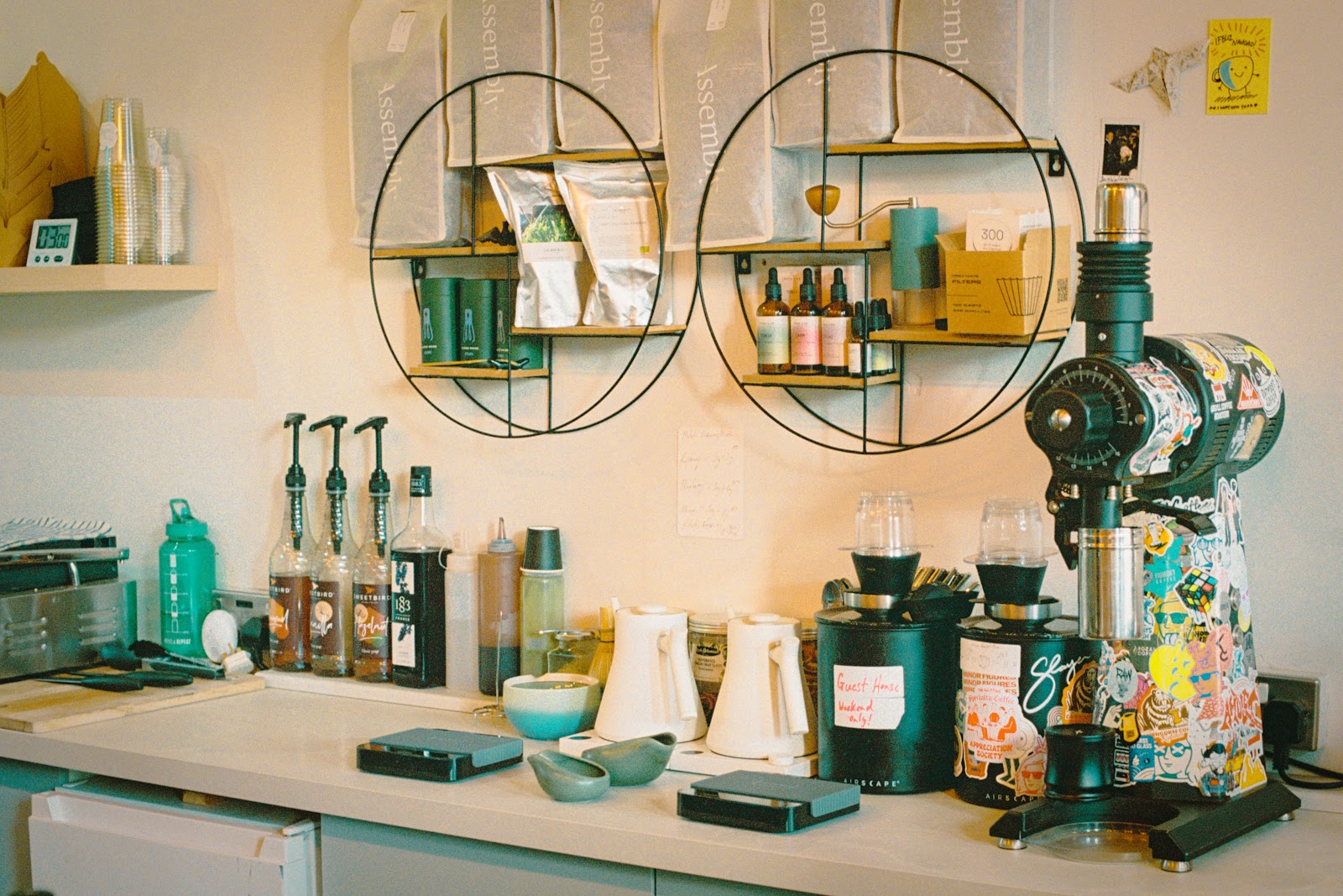 The coffee bar at Songbird Speciality Coffee in Partick, with grinders, kettles and bags of beans on round wall shelves.