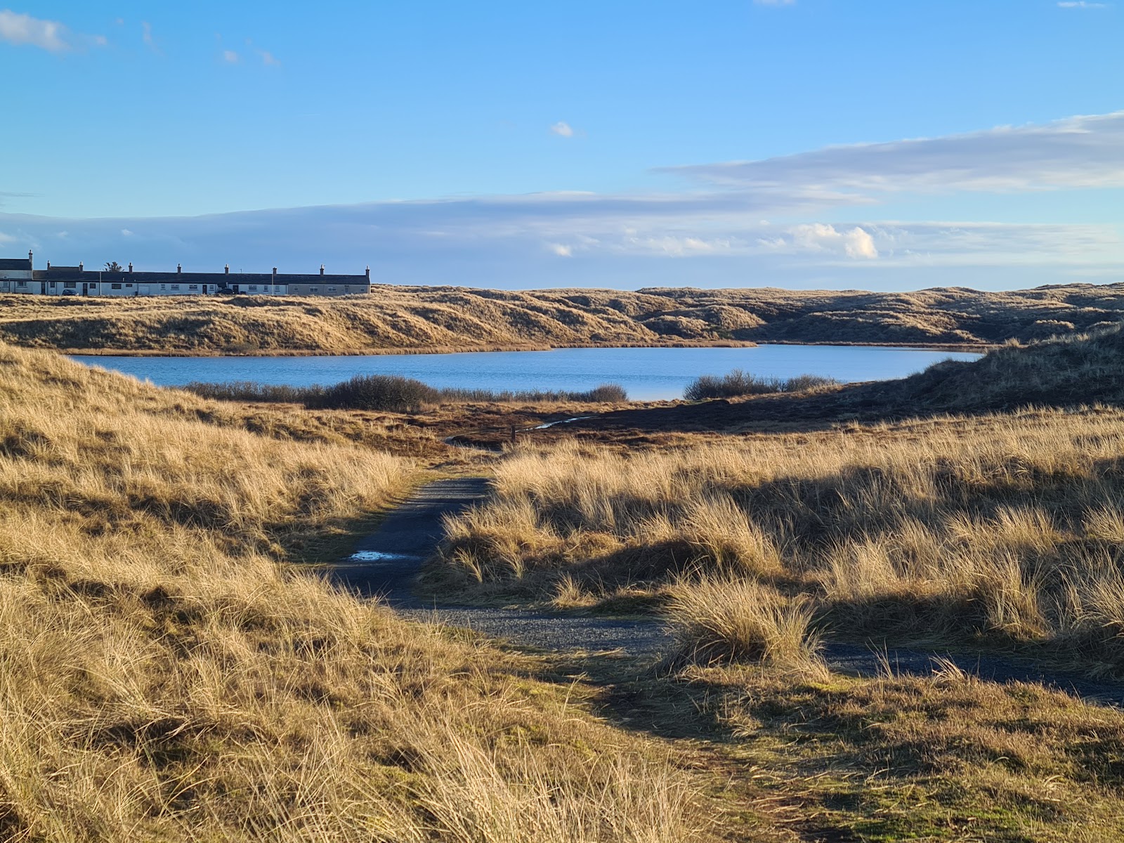 Low dunes and a still pool on the Forvie reserve under a wide sky.