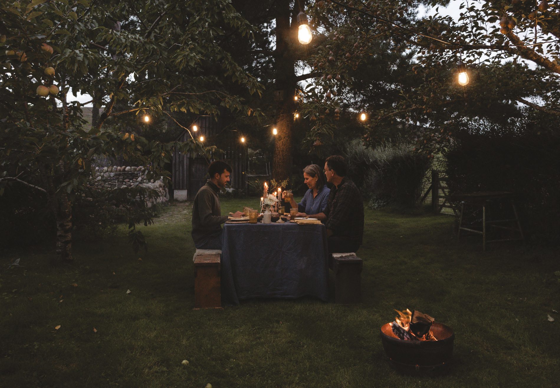Outdoor dinner under festoon lights at dusk