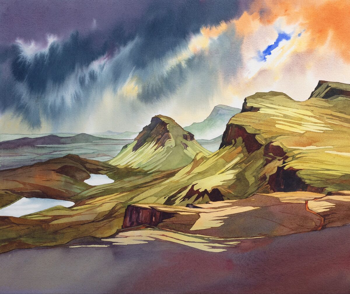 A watercolour of the Quiraing under a stormy sky.