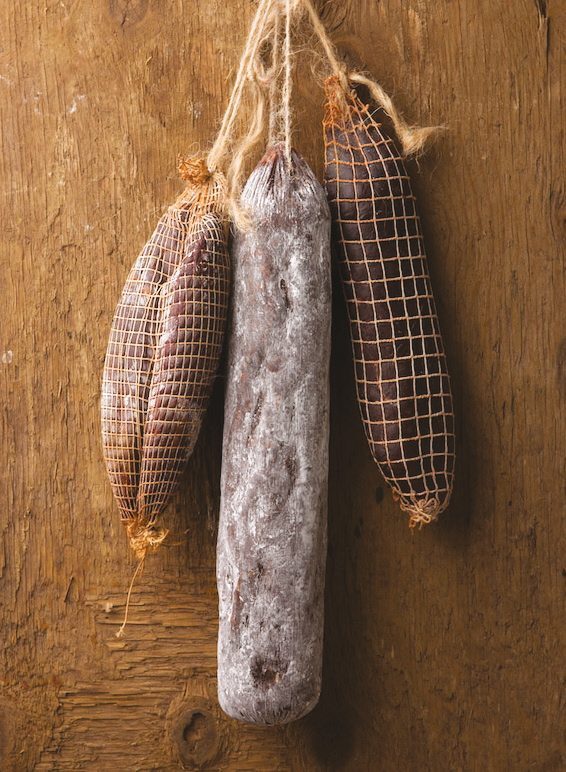 Venison salamis hanging to cure, Great Glen Charcuterie