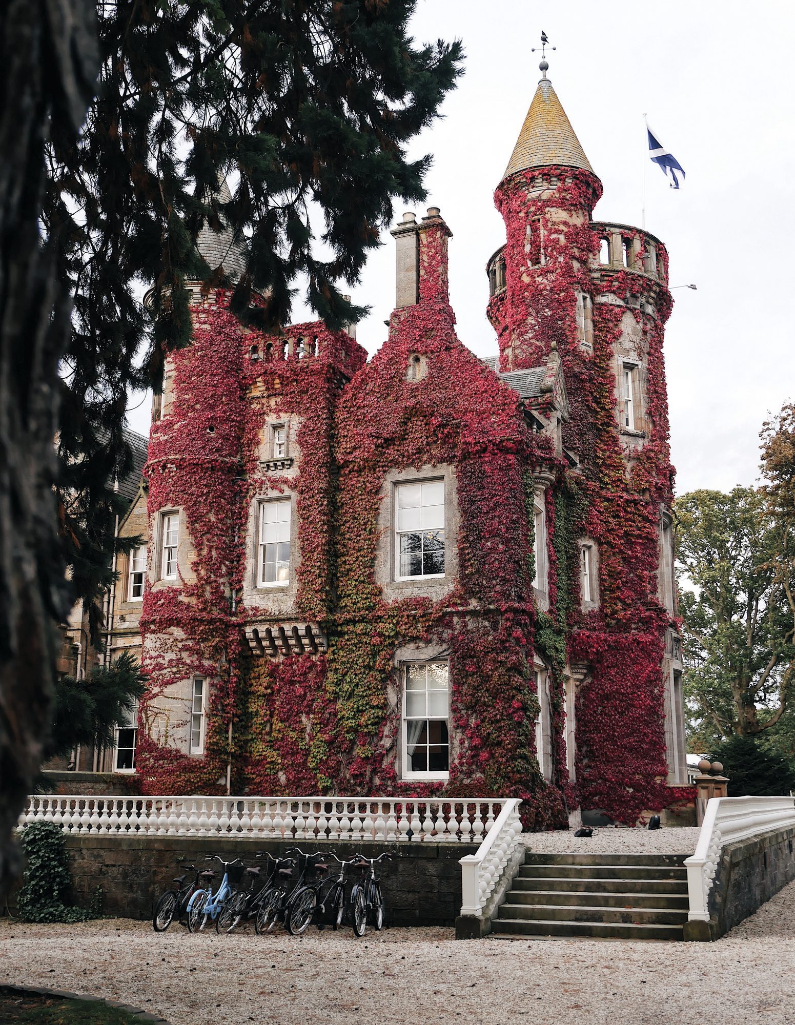 Carlowrie Castle covered in red Virginia creeper