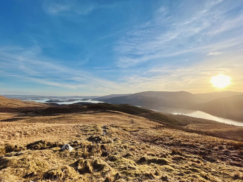 The open hillside in winter grass, the loch below and a low sun.