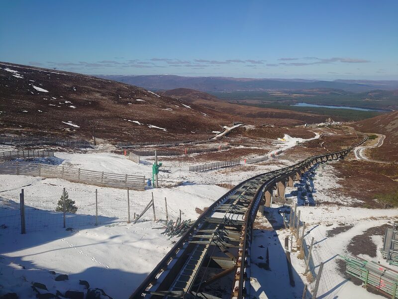 The funicular track curving down the lower hill in snow, Loch Morlich beyond and one distant figure.
