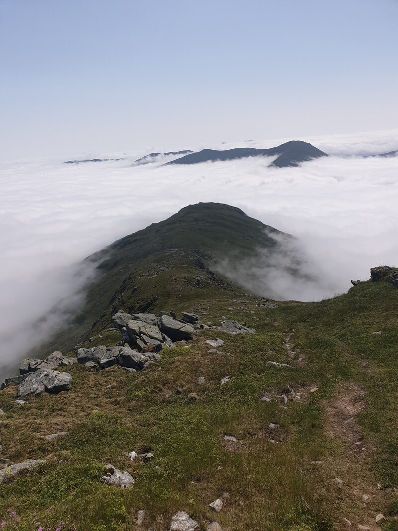 A grassy ridge with a few boulders running down into a sea of cloud, with one far hill showing above it.