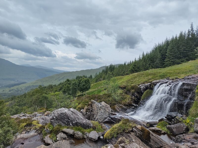A burn falling over rock steps below a plantation of conifers, with a wide glen opening behind.