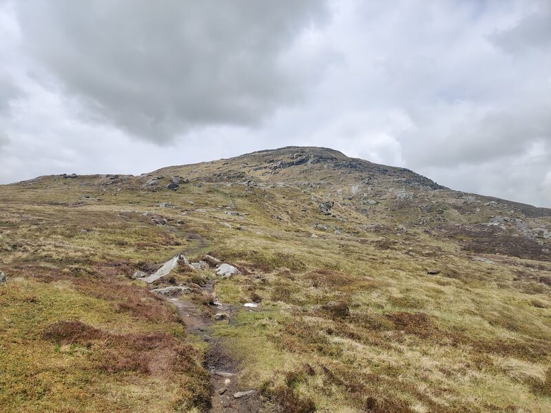A worn path through heather and rough grass climbing towards a rocky top under heavy cloud.