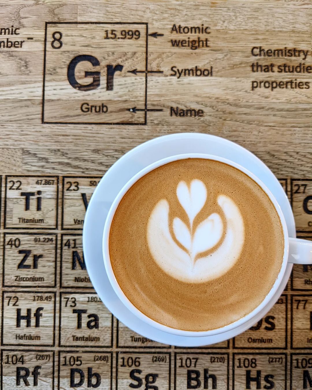 Latte with tulip art sits on a periodic table table, element eight labelled "Grub