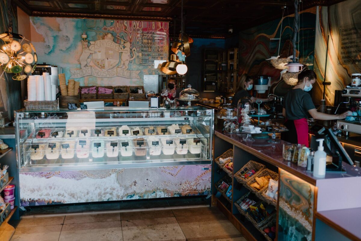 The ice-cream counter at Aunty Betty's under its painted ceiling.