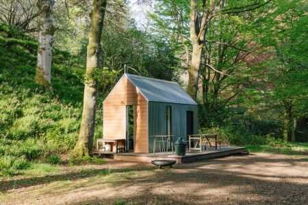 Timber cabin with metal roof and decking surrounded by woodland trees