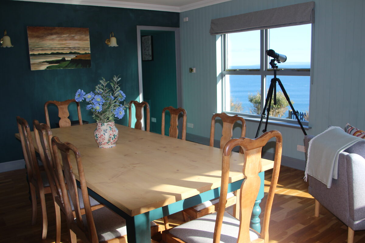 A telescope on a tripod stands at a window overlooking the sea, a long wooden table set with blue flowers and chairs in the foreground.