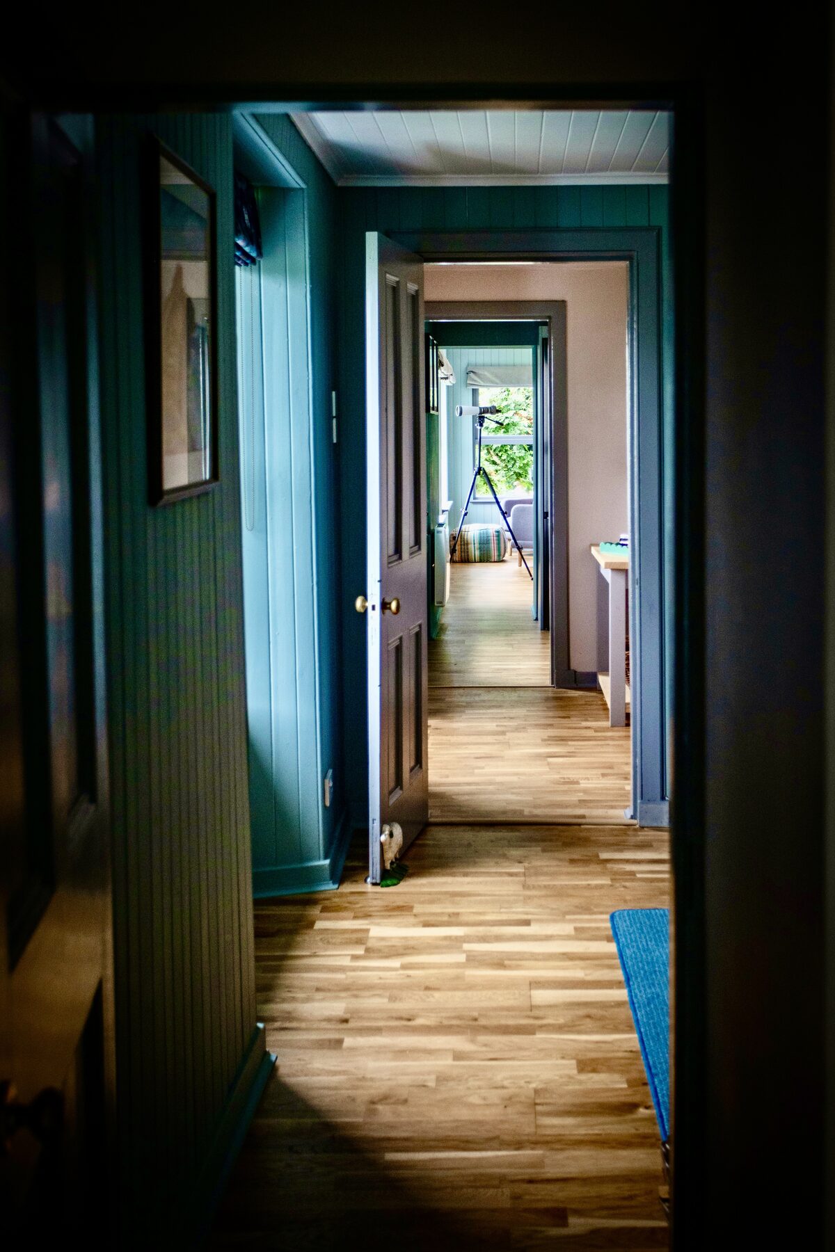 The teal-panelled hallway at Half of One, a framed print on the wall and an open door at the end.