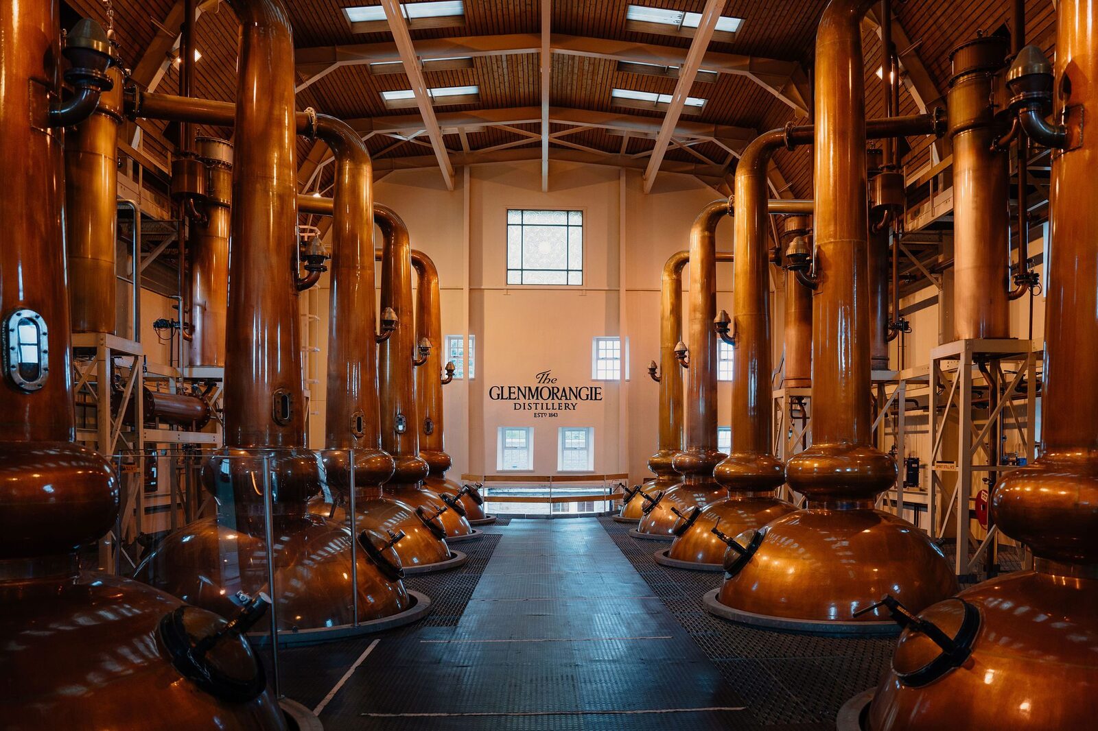Copper pot stills in the still house at Glenmorangie
