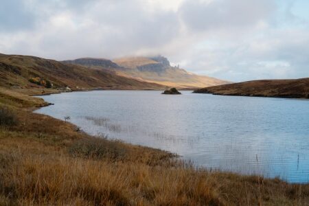 Loch below the Old Man of Storr, Skye, under cloud-covered peaks