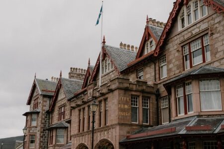 Saltire flag flies above the Fife Arms Hotel's stepped gables