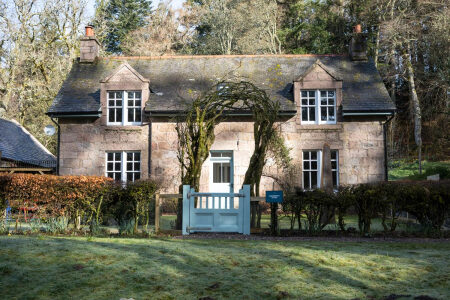 A stone cottage with dormer windows sits behind a low blue gate, a rose-covered archway framing the front door.